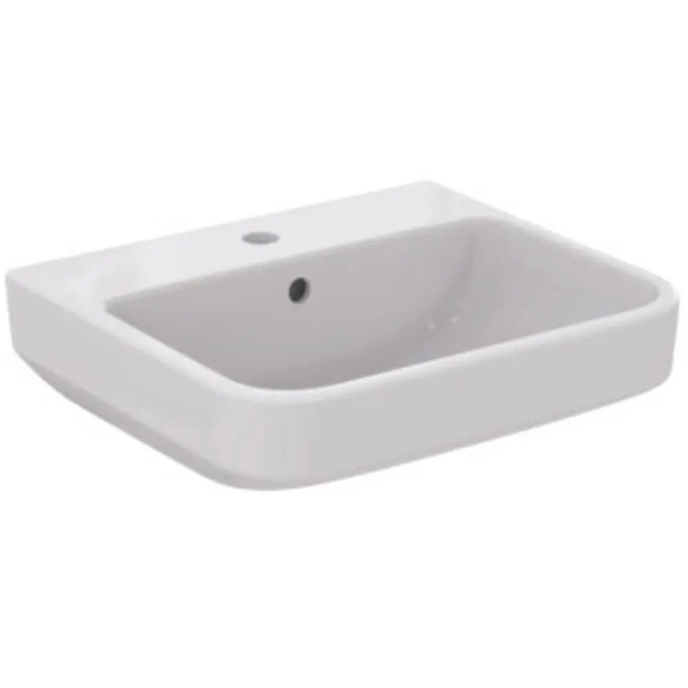 Waschtisch in Weiß, rechteckig mit abgerundeten Kanten, ausgestattet mit einem mittigen Wasserhahnloch, von Ideal Standard.